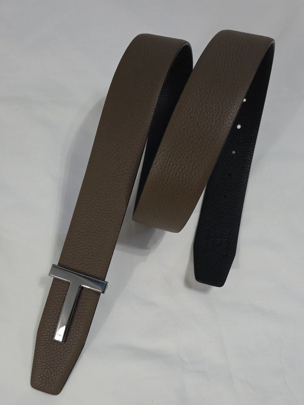 Tom Ford Black & Brown Leather Belt Dark T Buckle Accent
